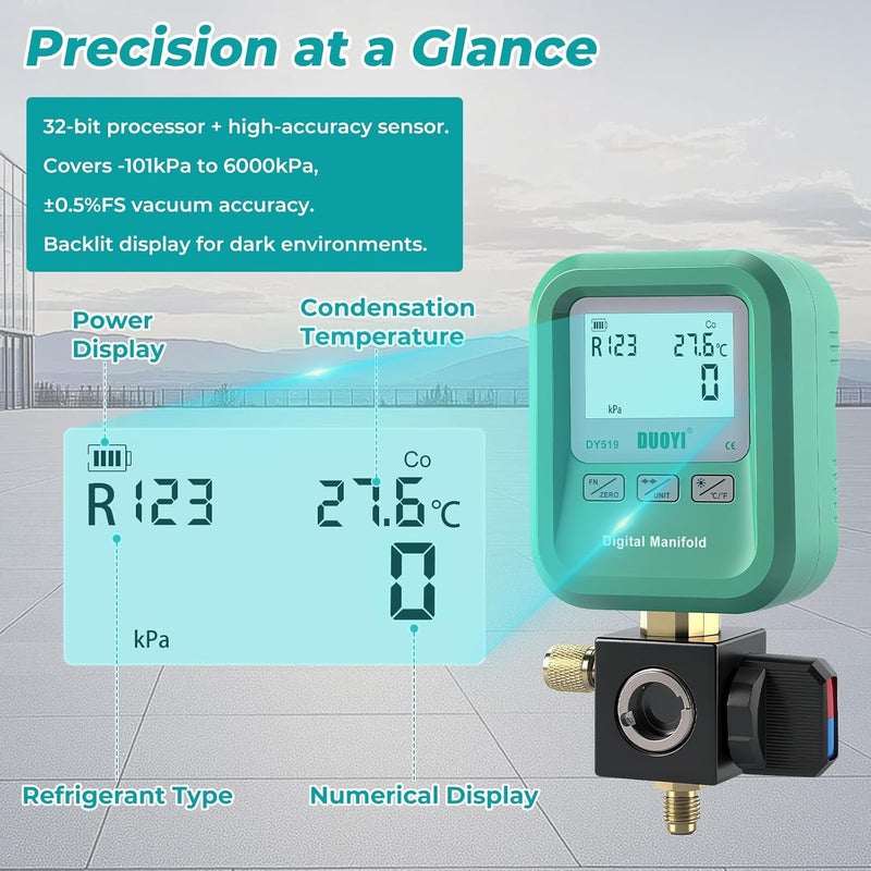 DUOYI DY519 3-in-1 HVAC Digital Manifold Vacuum Gauge Refrigerant Charging, Vacuum Testing & Leak Detection 24 Refrigerant NIST Compatible High Precision Pressure Meter for AC Pros & DIYers - Image 3